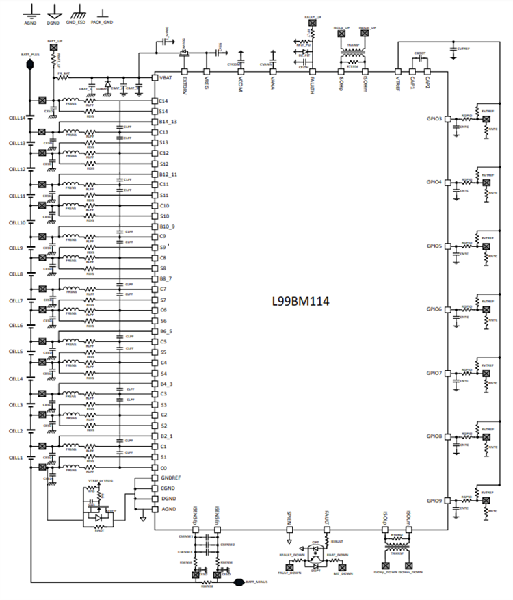 Schéma du circuit d'application - STMicroelectronics CI de surveillance/équilibrage de batterie multicellules L99BM114